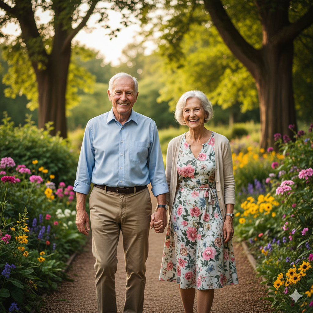 Casal mais velho de mãos dadas, sorrindo e andando em um parque.